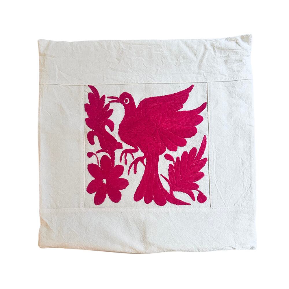 Otomi Mexican Embroidery Pillow Cover Bird Pink 13” Square